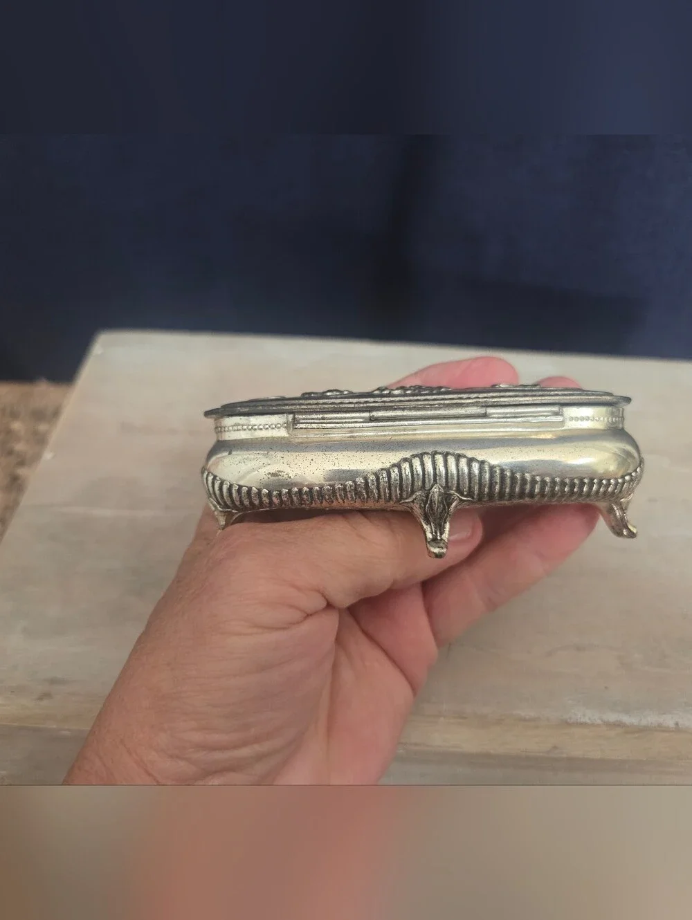 Vintage Ornate Footed Silver Plate Floral Trinket Box w/ Red Felt Interior Bin W